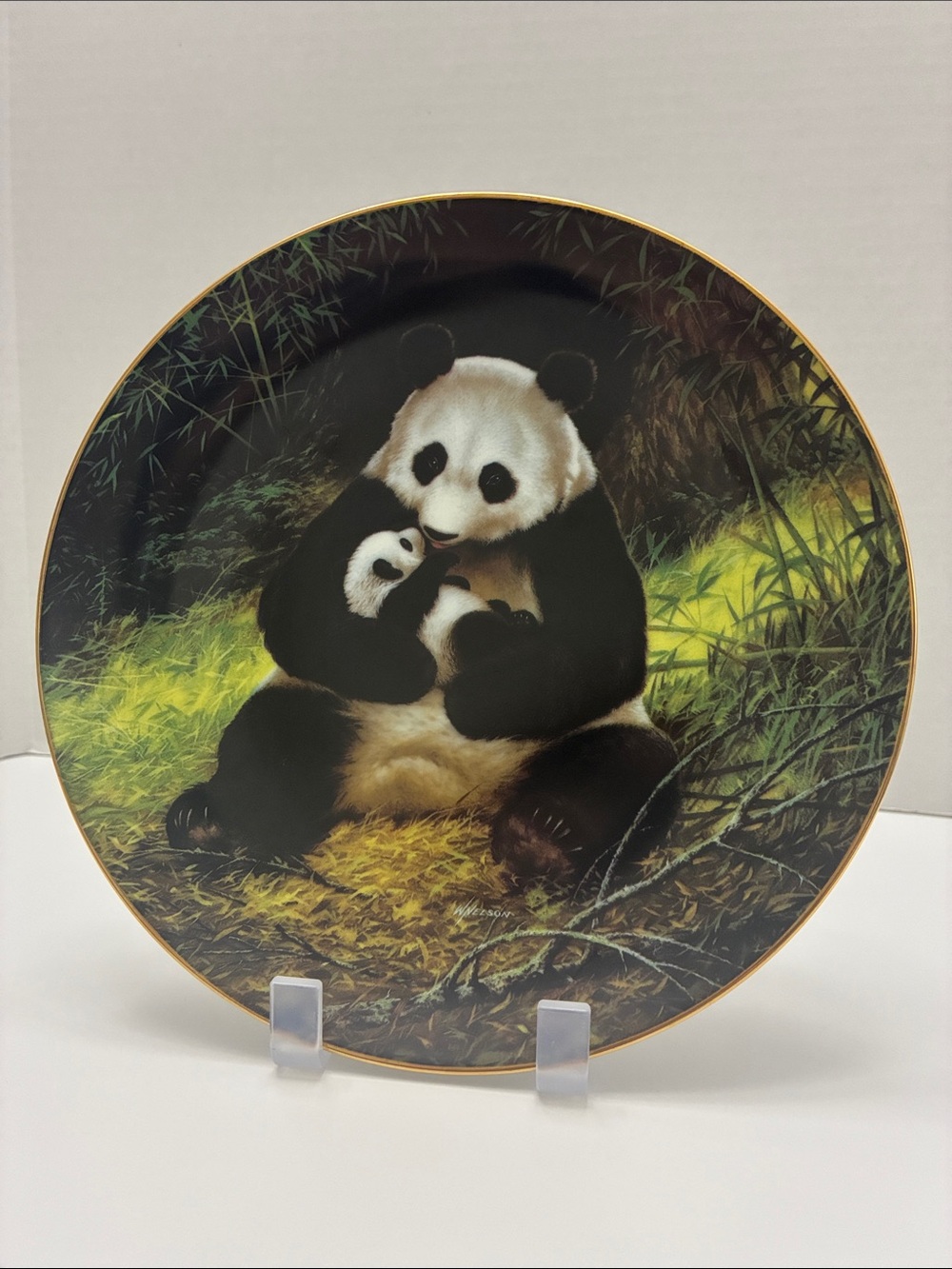 George Black & White Panda Decorative Porcelain Plate with Gold Rim